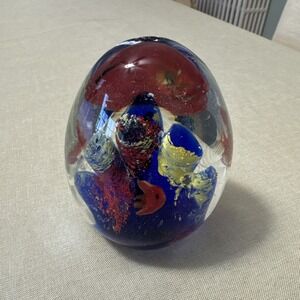 Colorful Blown Art Glass Paperweight Aquarium Style Fish Swirl Millefiori 4" Egg
